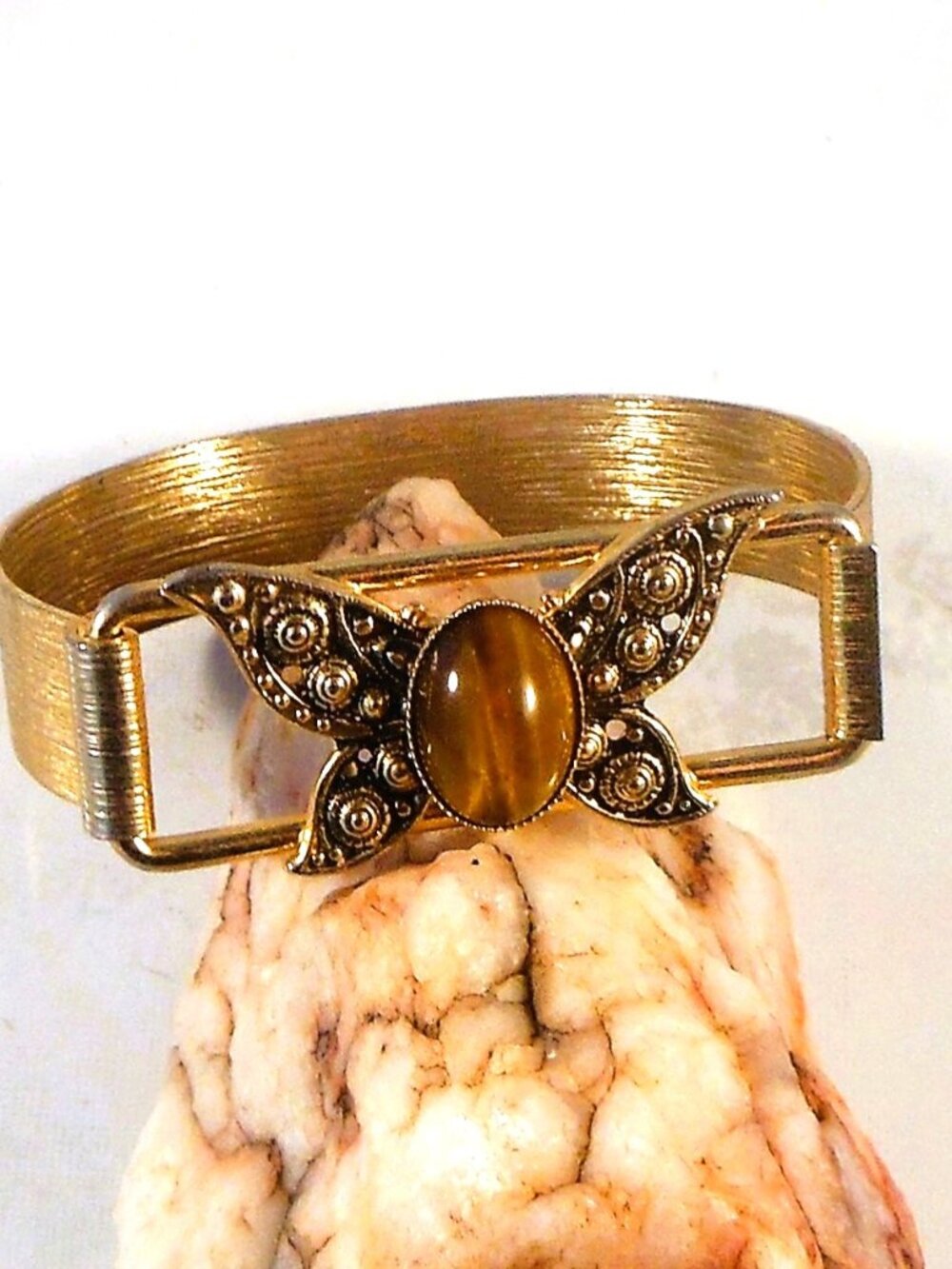 Gold Tone Bracelet Butterfly Top With Tigers Eye Cats Eye Stone For Smaller Arm